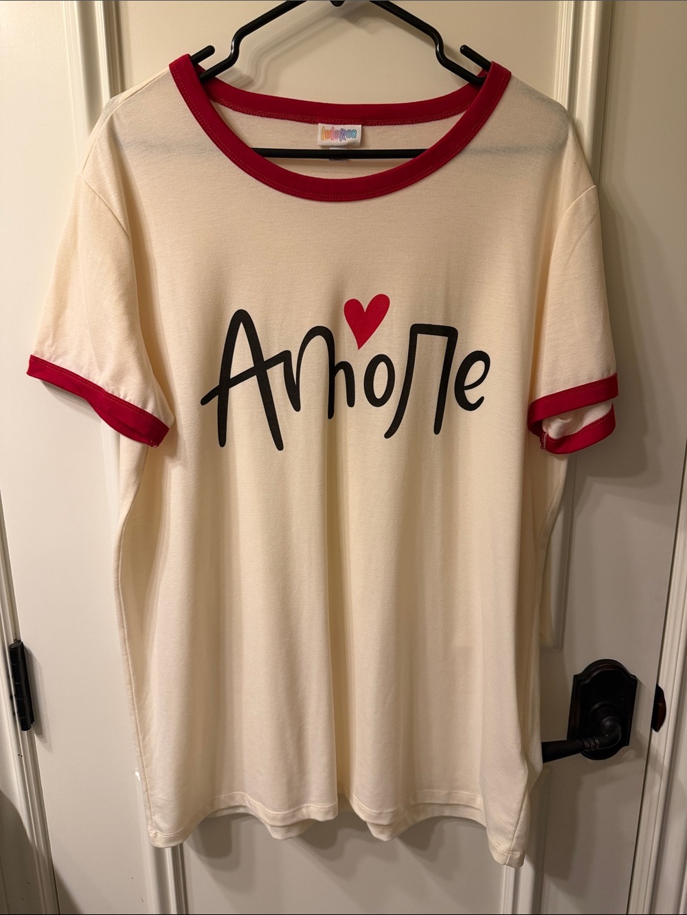LuLaRoe Liv Cream Ringer Tee with Red Trim and Heart Graphic